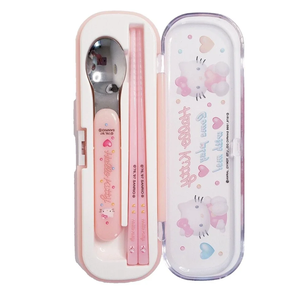 JAPAN Sanrio Hello Kitty Hearts Spoon Chopsticks Box Case Bento Lunch Set 1998